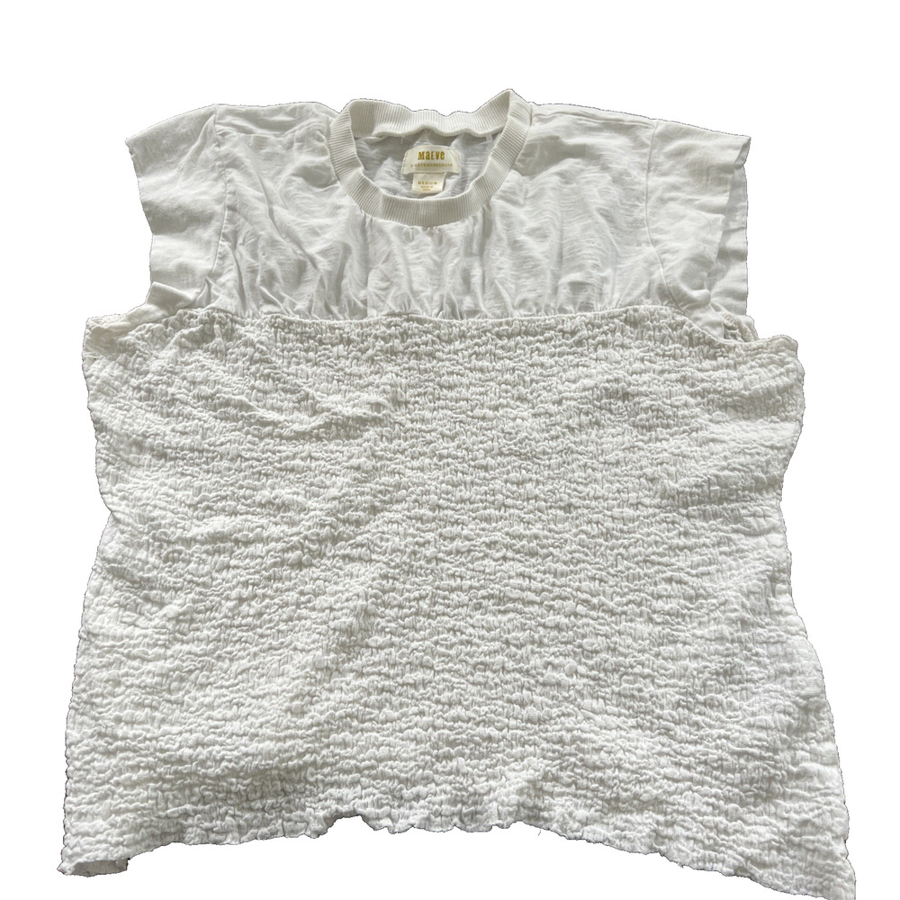 Maeve Anthropologie Ivory White Smocked Popcorn Texture Top Short Sleeve Size M - Picture 1 of 10